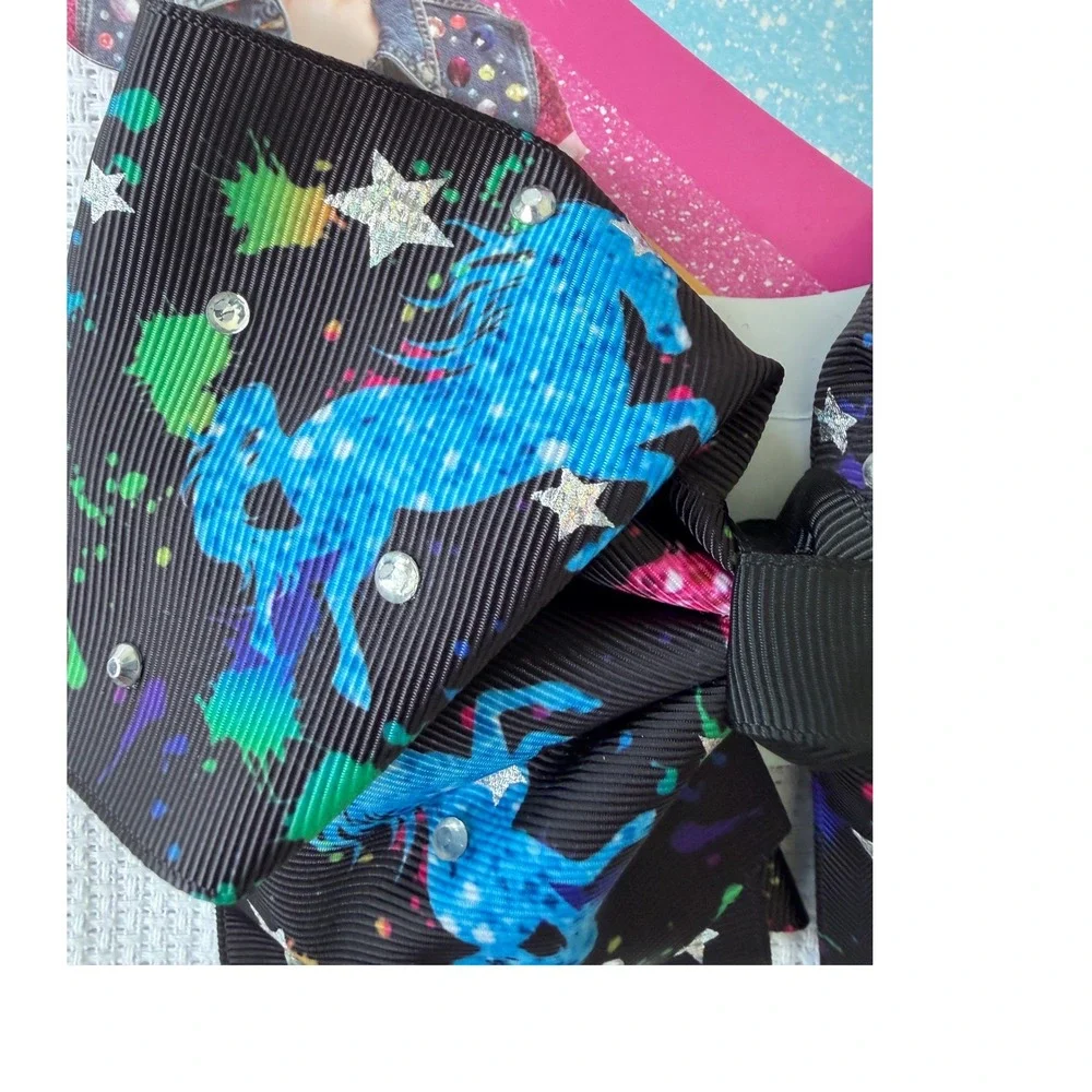 JoJo Siwa Signature Bow Black Paint Splatter Unicorn Rhinestone Hair Clip 6.5in